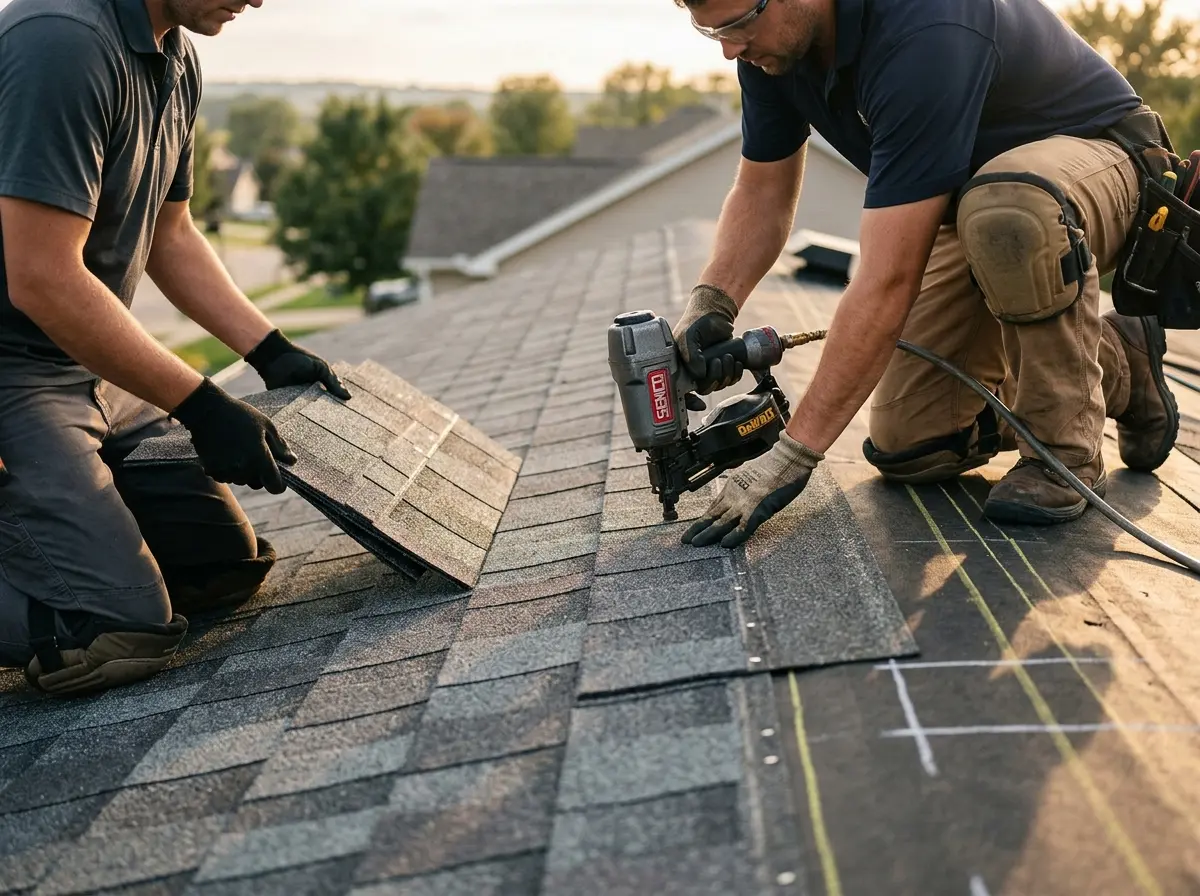 Professional roofer working on a residential roof in Le Mars